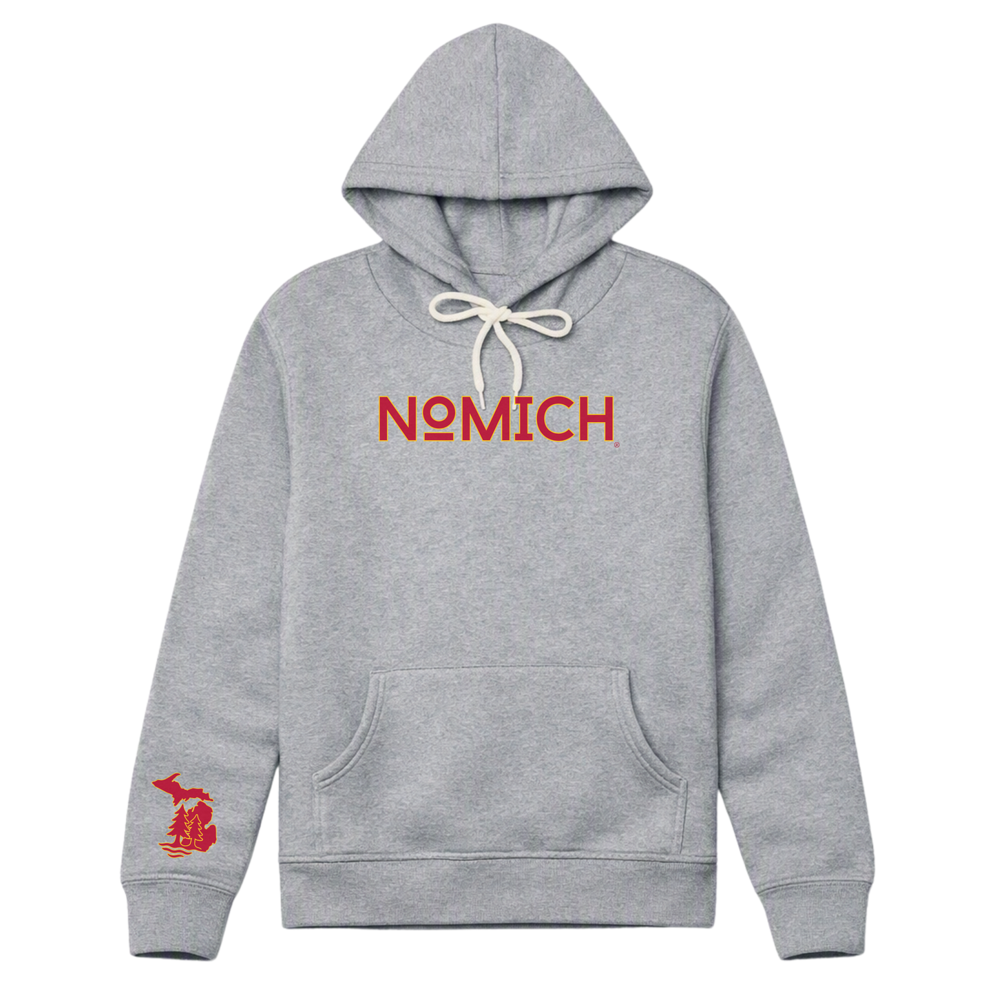 NoMich® Game Day — Crimson & Gold on Athletic Gray Hoodie | NoMich® Front