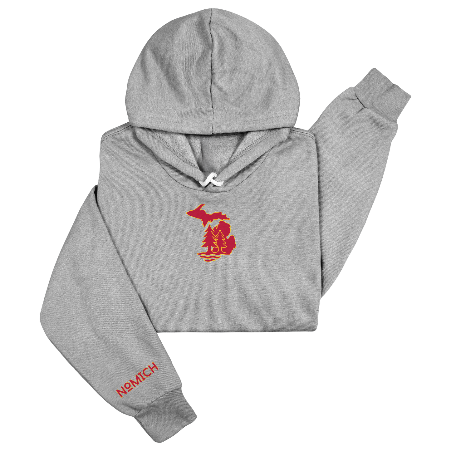 NoMich® Game Day — Crimson & Gold on Athletic Gray Hoodie | Where Pines Meet Shorelines™