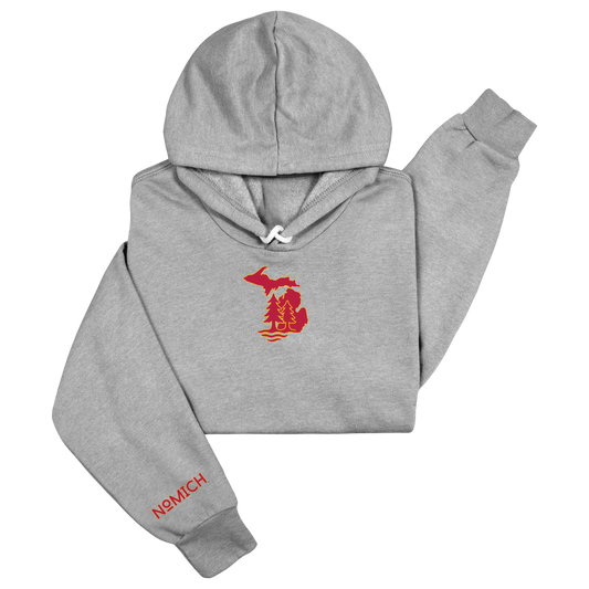 NoMich® Game Day — Crimson & Gold on Athletic Gray Hoodie | Where Pines Meet Shorelines™