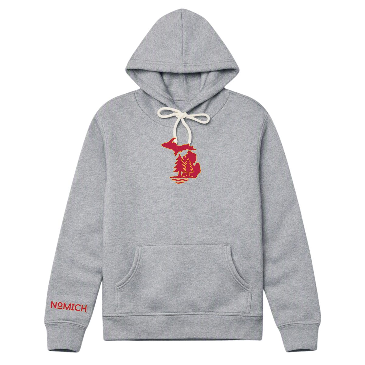 NoMich® Game Day — Crimson & Gold on Athletic Gray Hoodie | Where Pines Meet Shorelines™