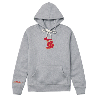 NoMich® Game Day — Crimson & Gold on Athletic Gray Hoodie | Where Pines Meet Shorelines™